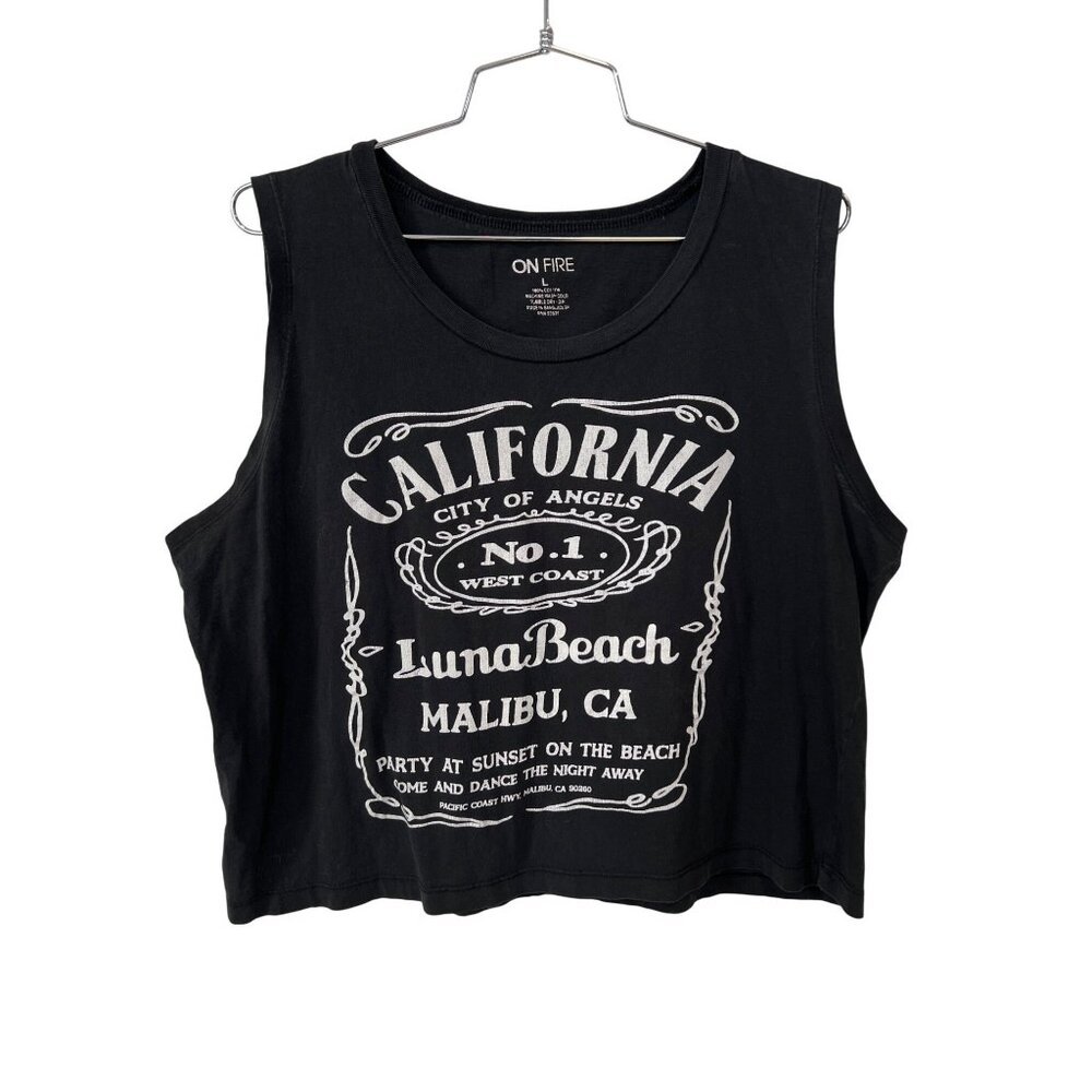 On Fire Tank Top Sz Large California Luna Beach Graphic Sleeveless Black Cotton